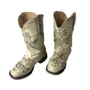 Roper Toddler Little Girls Sz 10 Ivory Faux Leather Cowboy Western Pull On Boots